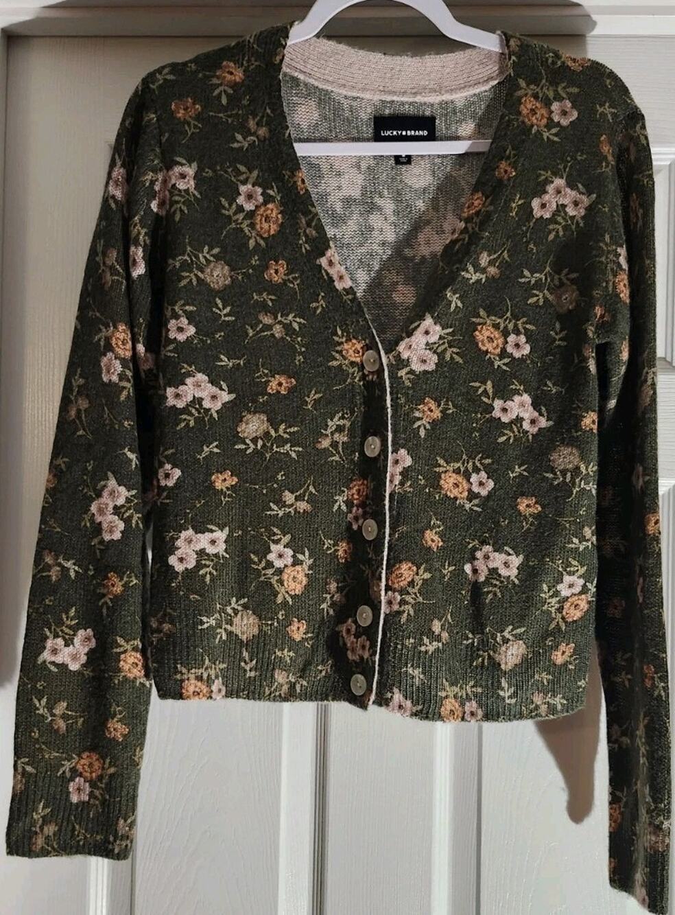 Lucky Brand Floral Cardigan Sweater V-Neck Button Front Pink Size M #762